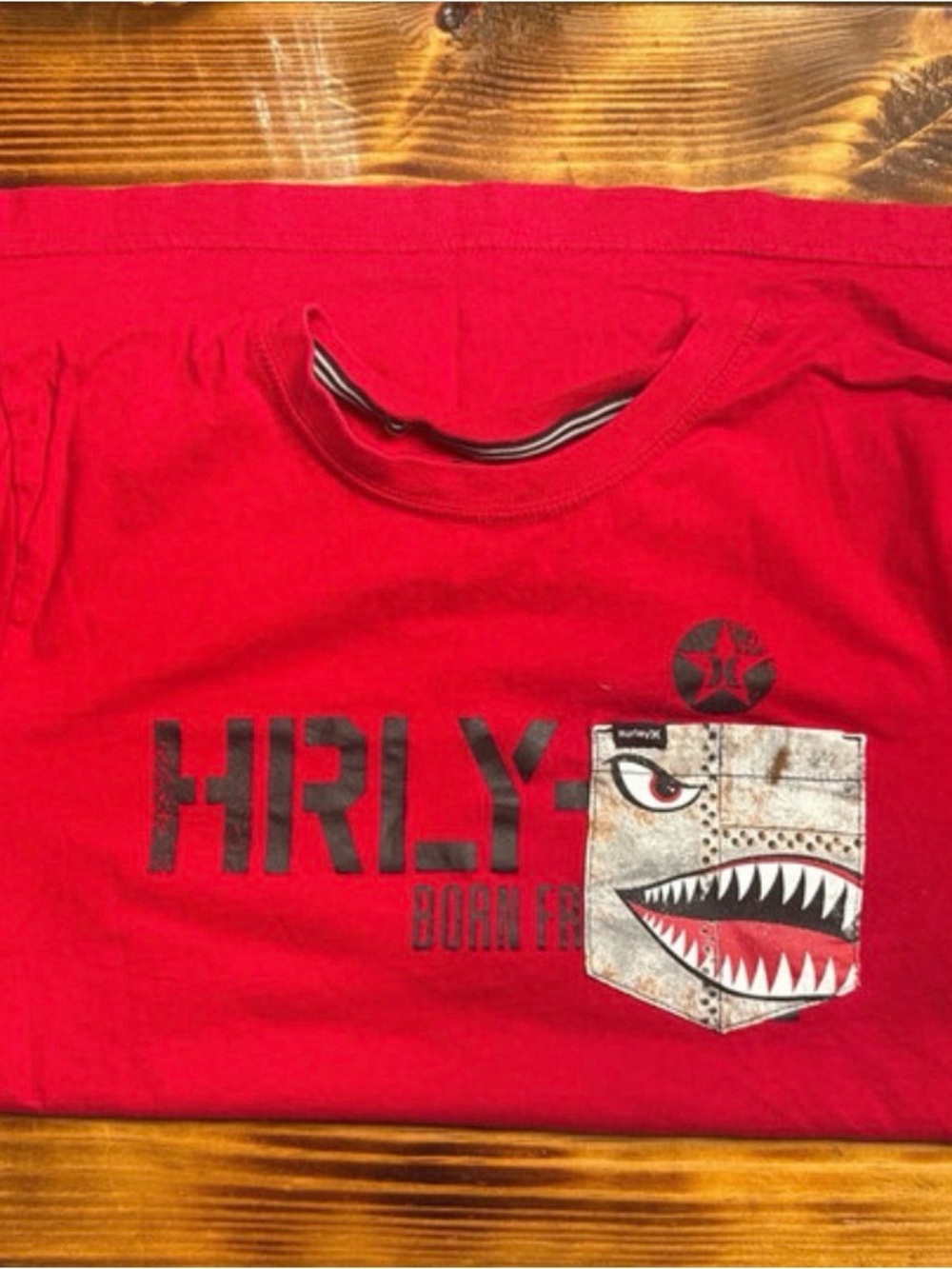 Hurley Red Graphic Pocket Tee with Shark Design